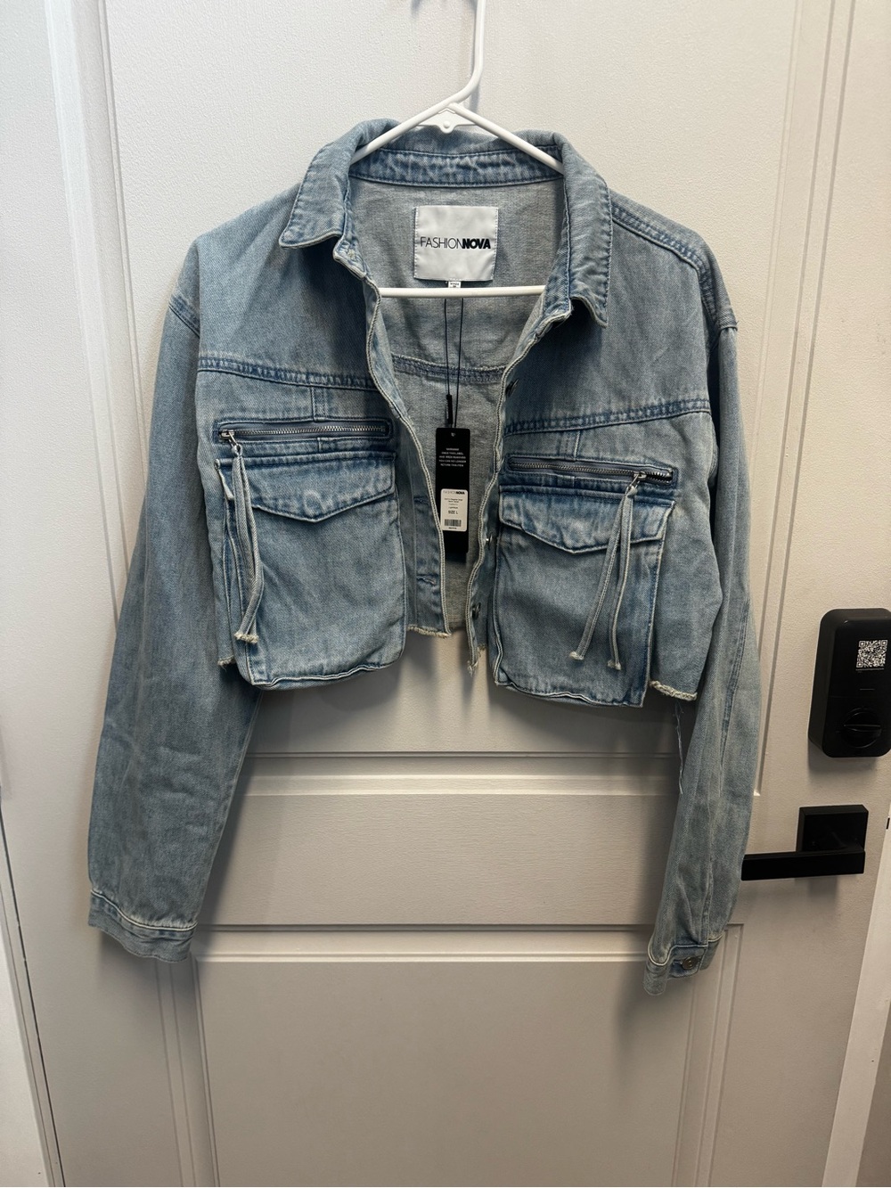 Fashion Nova Light Blue Cropped Denim Jacket with Front Pockets